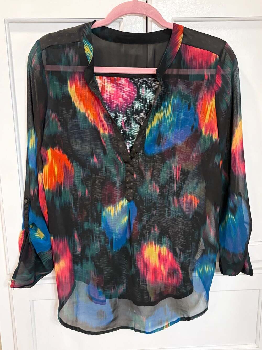Anthropologie Tiny Tulipano Sheer Blouse Dark Multi Abstract Print Peasant Top